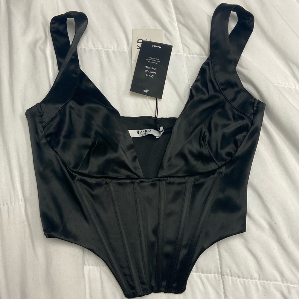 Naked black silk cropped corset top